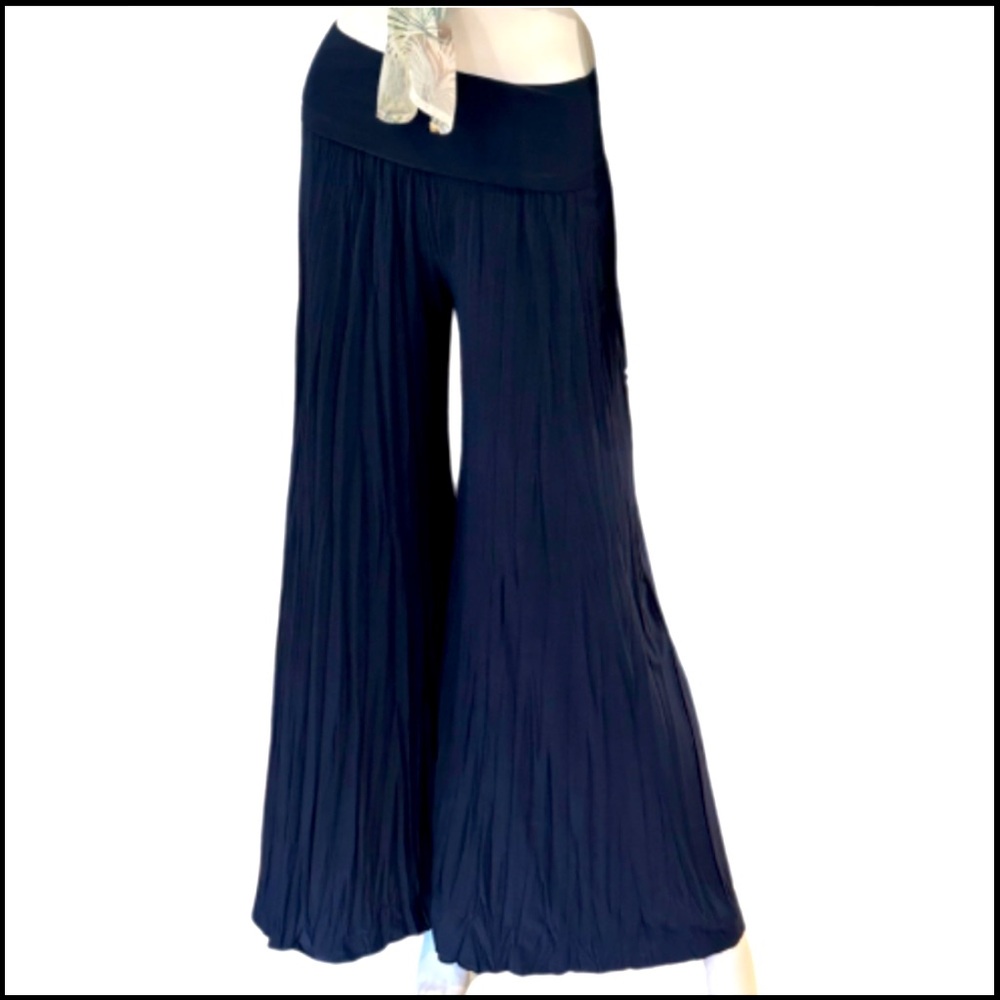 Fabulous Navy Blue Pleated Turn Down Waist Palazzo Wide Leg Pant | M
